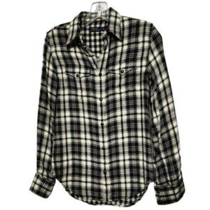 Polo Ralph Lauren Womens Black&Ecru Plaid Cotton Western Snap Shirt Size 0 NWOT